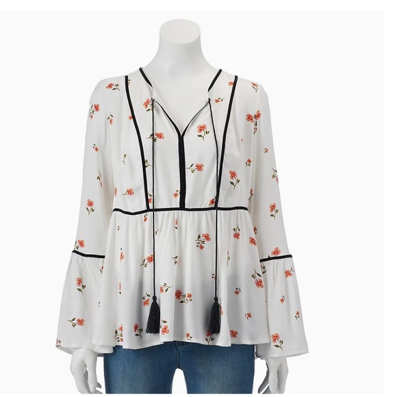 LC Lauren Conrad Tops - LC Lauren Conrad White Floral Velvet  Trim Peasant Top